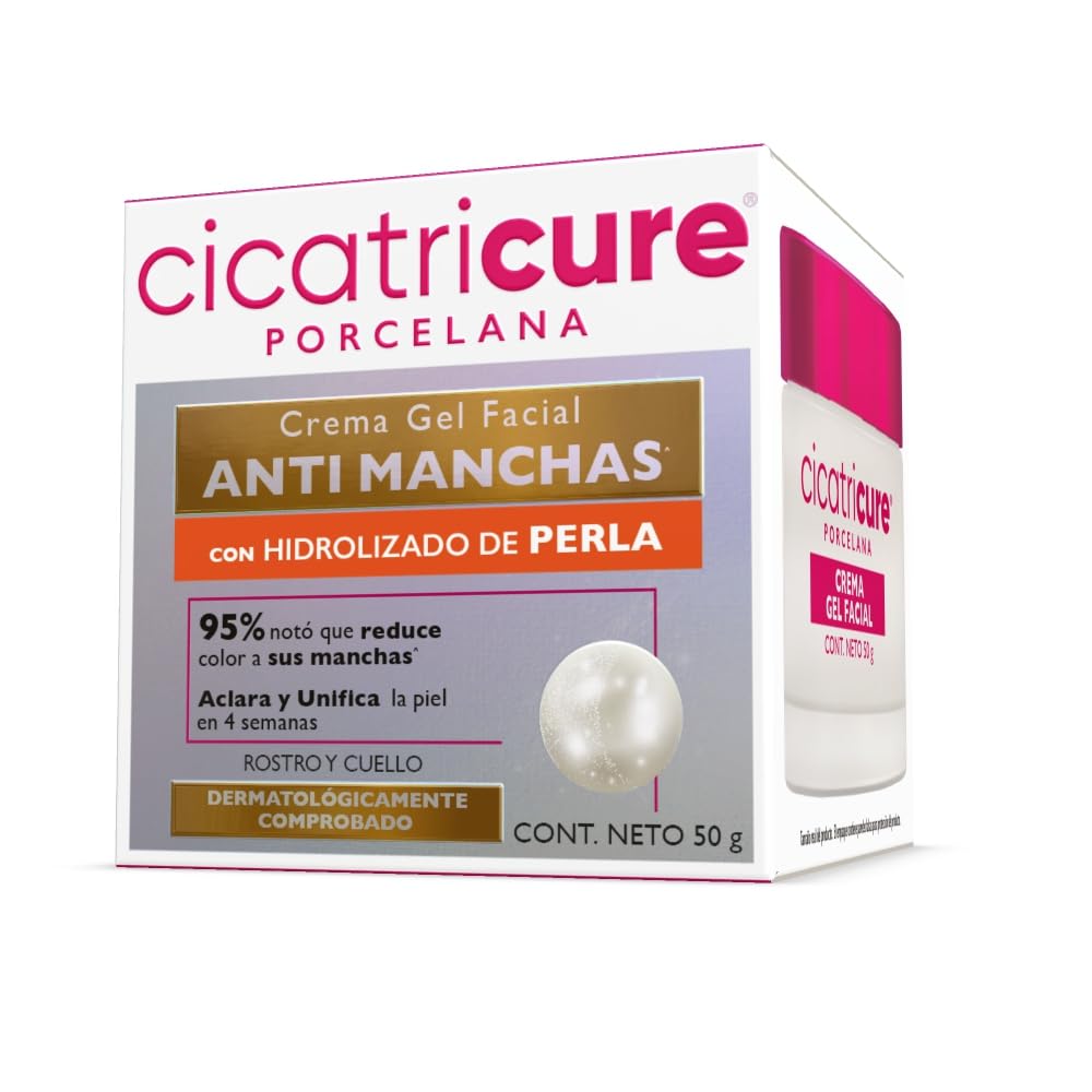 CICATRICURE - Porcelana Crema Gel Facial Anti-machas. Con Hidrolizado de perla, reduce manchas, aclara la piel y unifica el tono. Uso para rostro y cuello, presentación de 50g