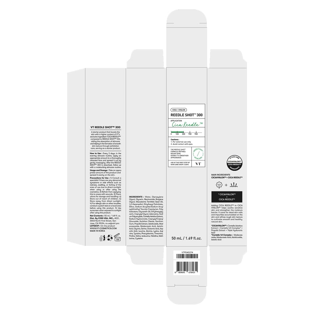 VT COSMETICS CICA Reedle Shot 300, suero de microagujas Advanced Night Exosome, centella asiática, ácido hialurónico, propóleo, piel suave, regeneración, piel de cristal, potenciador de la piel cor