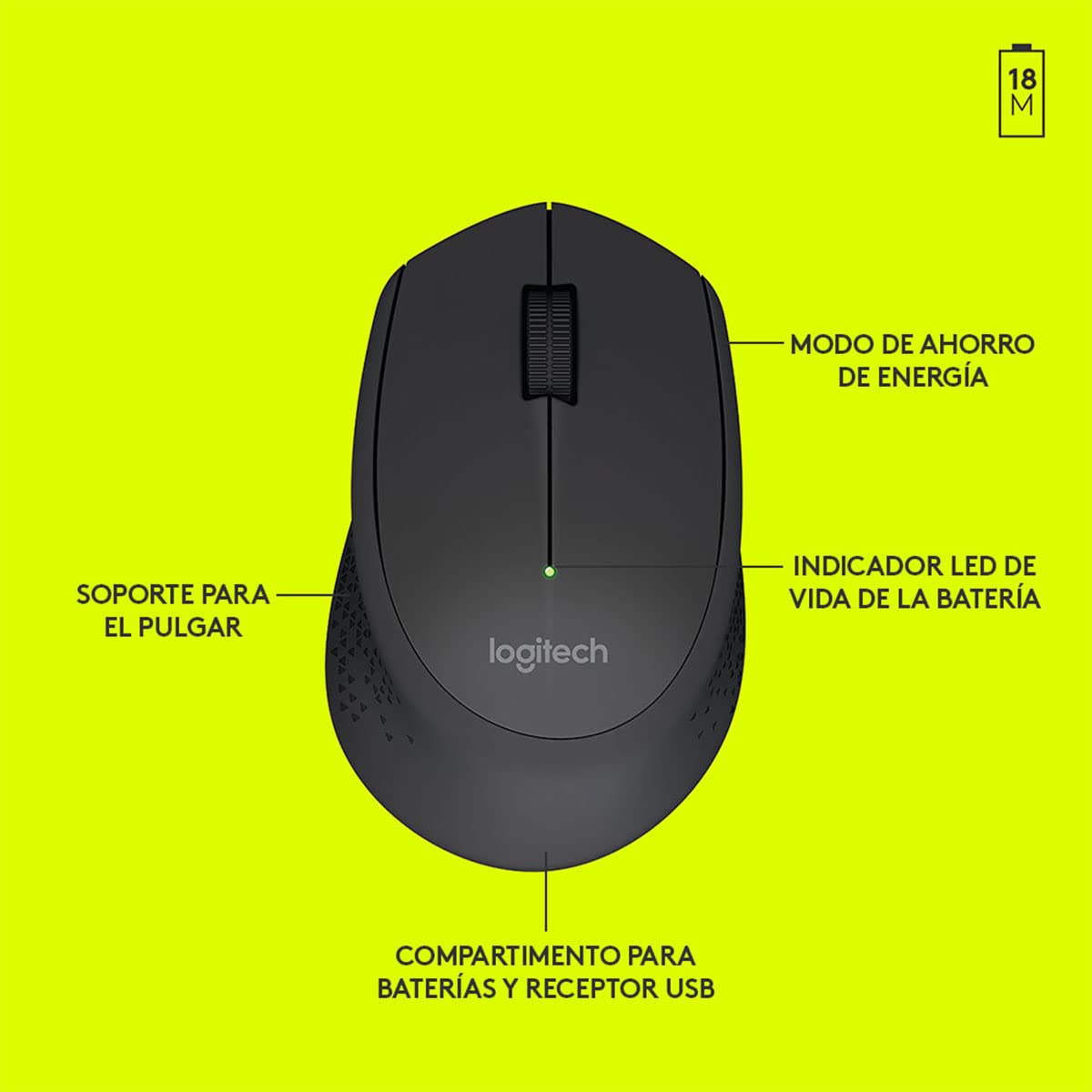 Logitech M280 Mouse Inalámbrico, 2.4 GHz, Nano Receptor USB, Seguimiento Óptico, Resolución 1000 dpi, 3 botones, Batería de 18 Meses, Compatible con PC, Mac, Laptop, Chromebook - Negro
