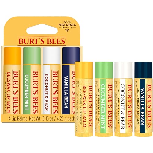 Burt's Bees - Bálsamo labial de cera de abejas, menta, pepino, coco y pera y vainilla, con cera de abejas de origen responsable, sin tinte, tratamiento labial de origen natural, 4 tubos, 0.25 onzas