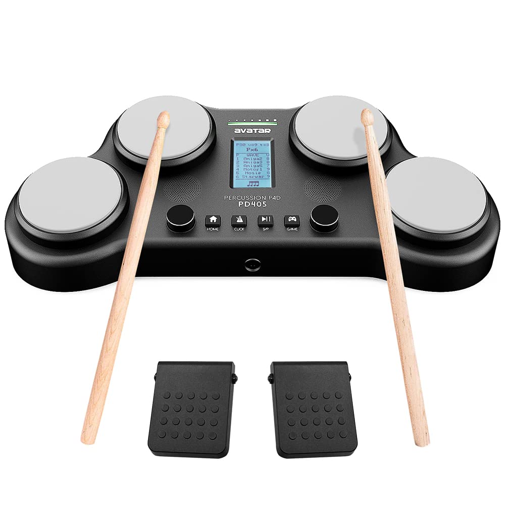 HXW PD405 - Juego de batería eléctrica de mesa, con 163 sonidos de percusión, 4 almohadillas para orejas de batería sensibles a la velocidad, 2 pedales y bastones de batería, regalo de cumpleaños