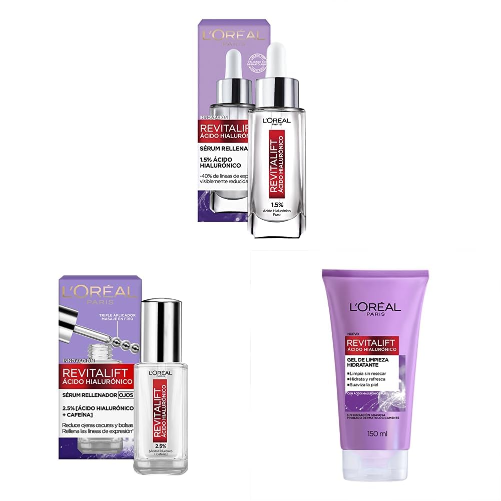 L'Oreal Paris Serum Facial Anti Arrugas Acido Hialuronico Revitalift L'Oreal Paris + Serum de Ojos Anti Líneas de Expresión Revitalift Ácido Hialurónico, 20 ml + Gel Limpiador Facial,150 ml