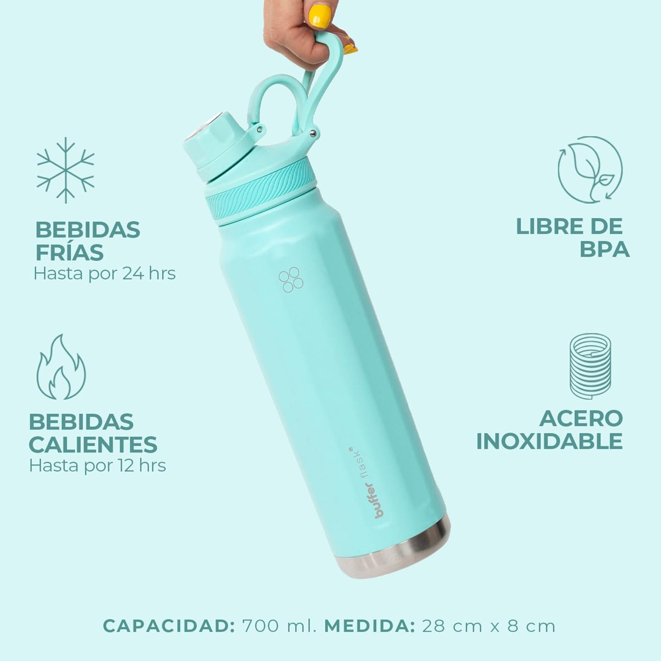 BUFFER FLASK - Termo de Acero Inoxidable | Botella Aislante para Bebidas, Agua Fría (24 horas) o Caliente (12 horas) | Antigoteo, Hermético| Incluye tapas (TURQUOISE, 700ml/24Oz)