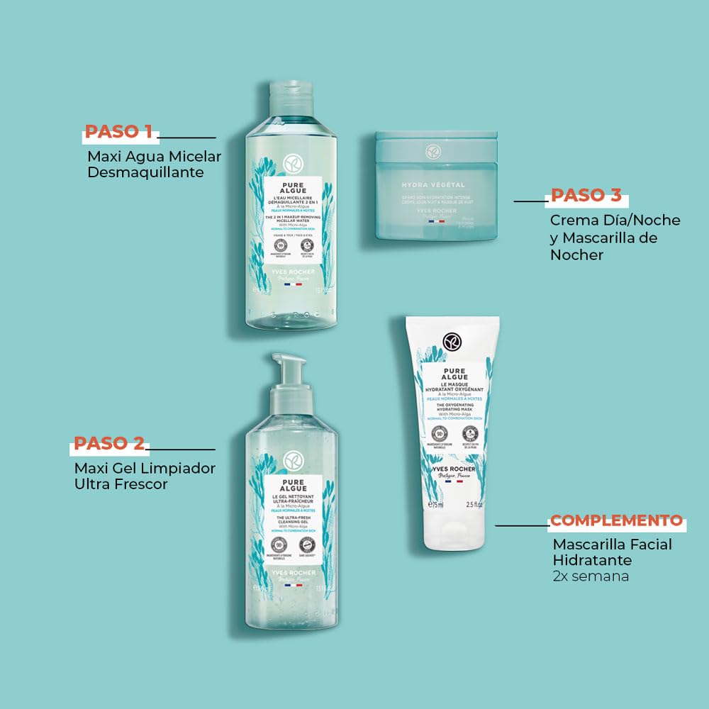 Yves Rocher | Limpiador Facial Pure Algue | Piel Mixta/Equilibrada | Gel Limpiador Ultra-frescor | Micro Algas | Limpia, oxigena y refresca | 390 Ml