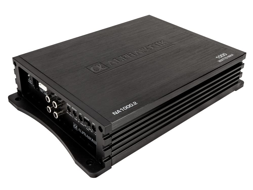 Alphasonik NA1000.2 Neuron Series Amplificador de coche de 1000 vatios máximo de 2 canales con circuito de protección de 4 vías, amplificador de clase A/B, entradas de bajo y alto nivel (perilla de graves remota incluida)