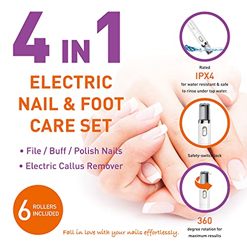 Electric Nail File System & Callus Remover (4 in 1) Best Pedi Tools to Polish Nails - Perfect Manicure & Pedicure Care Set - Professional Electronic Filer and Buffer - Salon Products Beauty Supplies