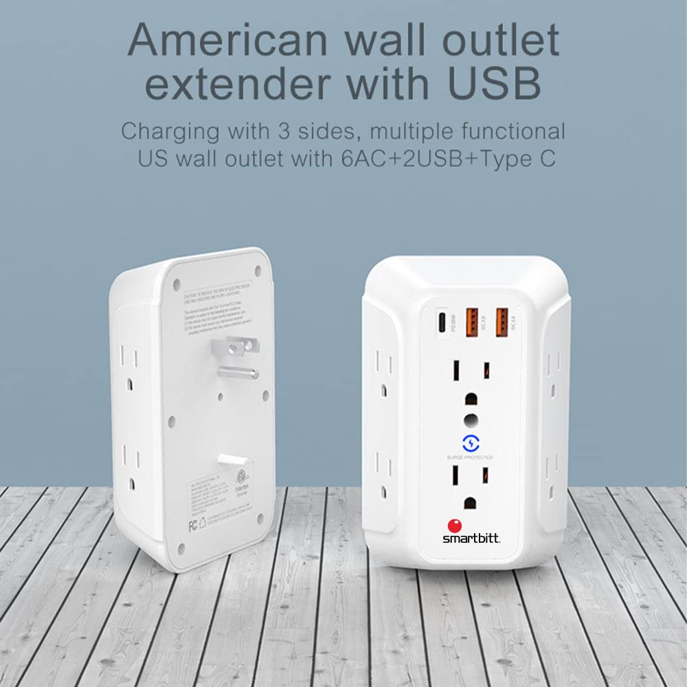 Supresor de Picos de Voltaje Smartbitt Negro con 6 Contactos, 2 Puertos USB Tipo A y 1 Puerto USB Tipo C