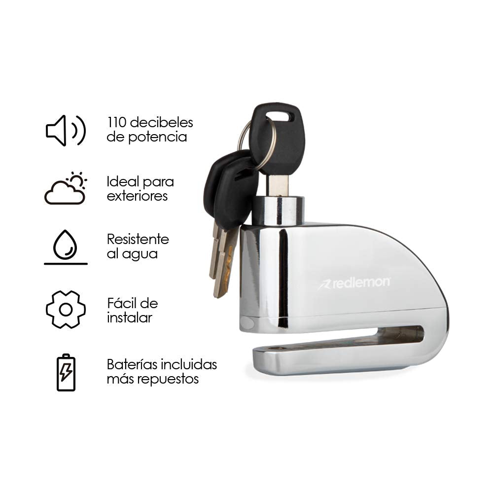 Redlemon - Candado para Bicicleta y Motocicleta con Alarma, Sensor de Movimiento, Seguro Antirrobo de Compatible con Vehículos con Llanta de Disco, Resistente a Salpicaduras