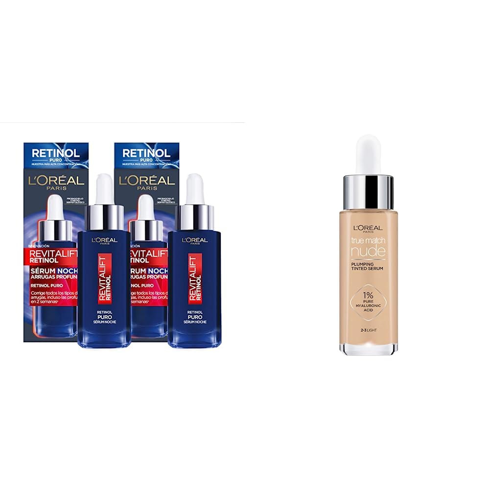L'OREAL PARIS Kit 2 pack sérum Revitalift Retinol puro anti-arrugas 30ml,Blanco + L'Oréal Paris Serum rellenador con color y ácido hialurónico, True Match, Tono 2-3 Light