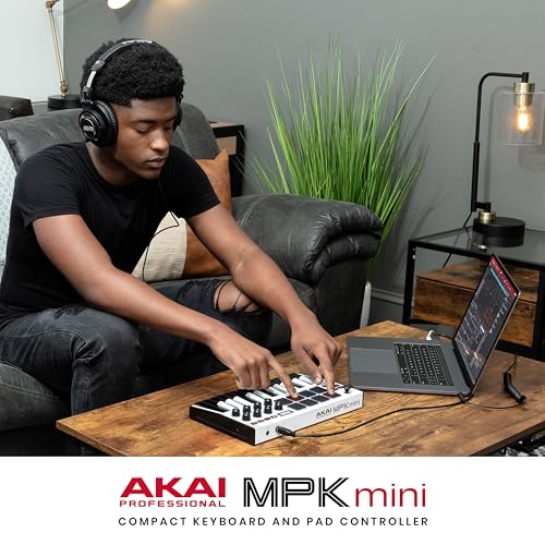 Akai Professional MPK Mini MK3 - Teclado Controlador MIDI USB de 25 Teclas con 8 Drum Pads, 8 Perillas, Software de Producción Musical y Native Instruments Sound Package (NKS Integration), Blanco