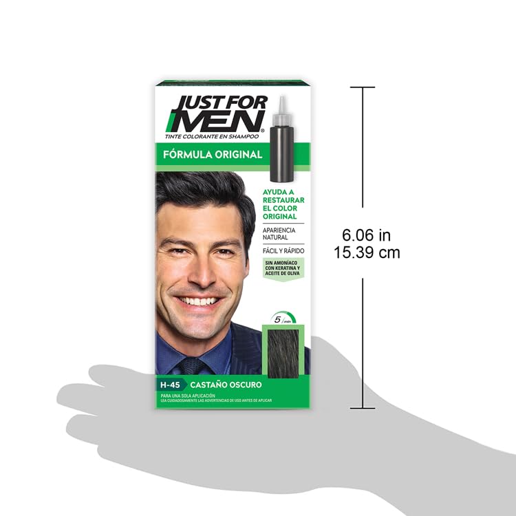 Just For Men Tinte colorante para hombre en shampoo, castaño oscuro H45, ideal para cubrir 100% de las canas, 66ml