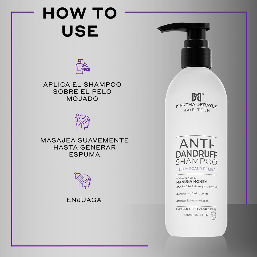 Martha Debayle Shampoo Anti-Caspa. Con Piritionato de Zinc, Miel de Manuka y Aceite de Argán, 450 ml.