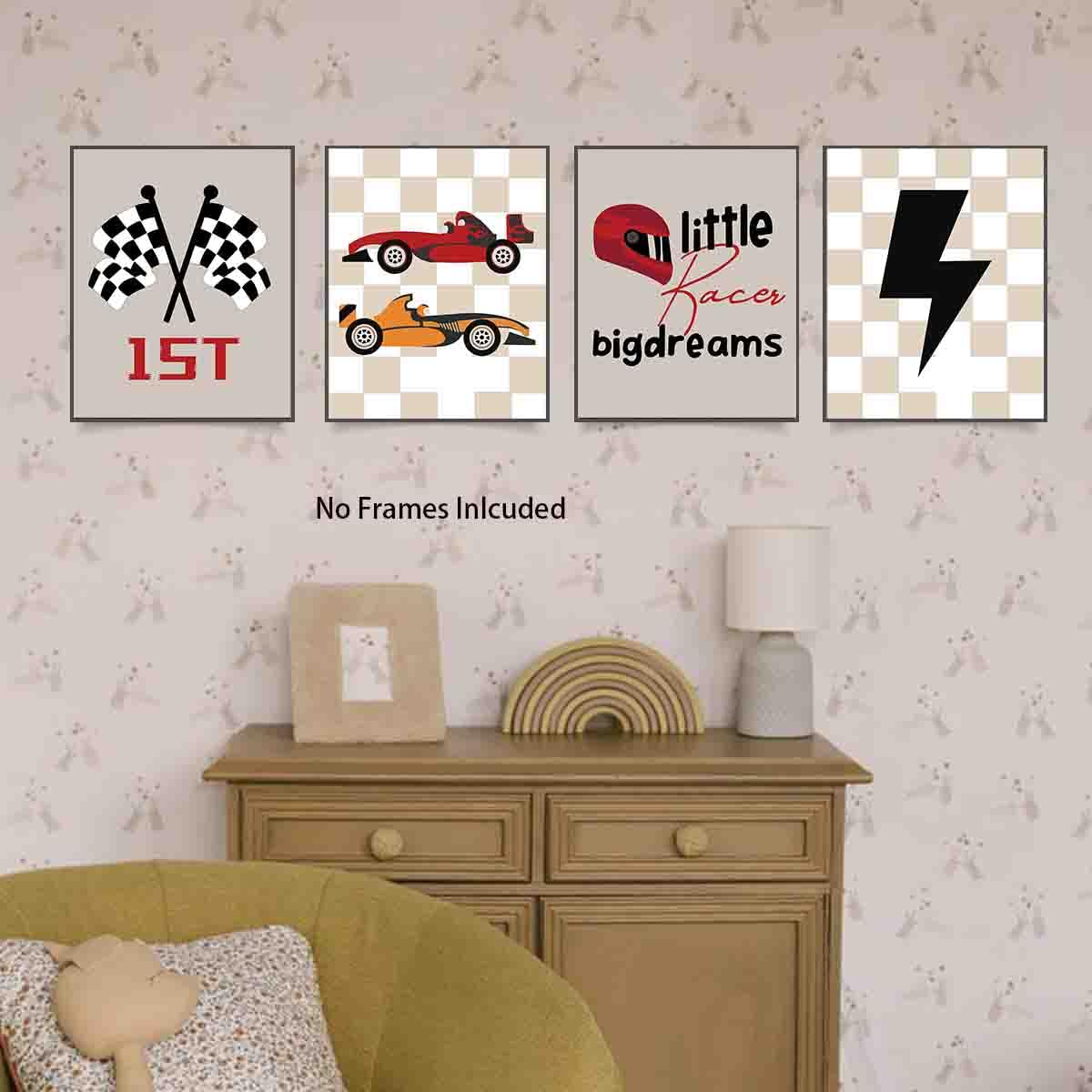 Buffalo Plaid Driving Force Race Car - Arte de pared para coche, motivos deportivos modernos, decoración inspiradora de la habitación de los niños, juego de 4 unidades Dream Big & Race Aheadapses (8 x