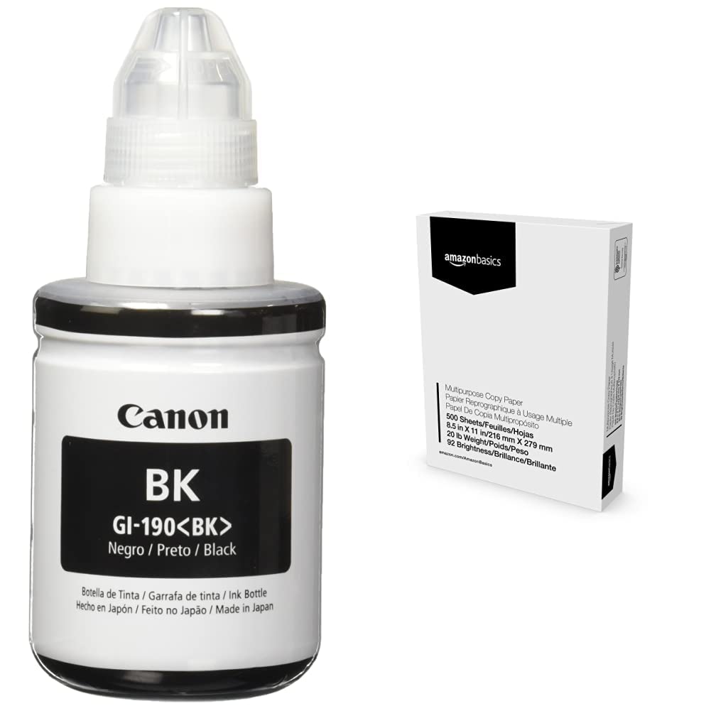 Canon GI-190 BK Lam + Amazon Basics - Papel Multiusos para Impresora de Copia, 8.5 x 11 Pulgadas, Papel de 20 Libras, 1 resma (500 Hojas), Blanco Brillante 92 GE