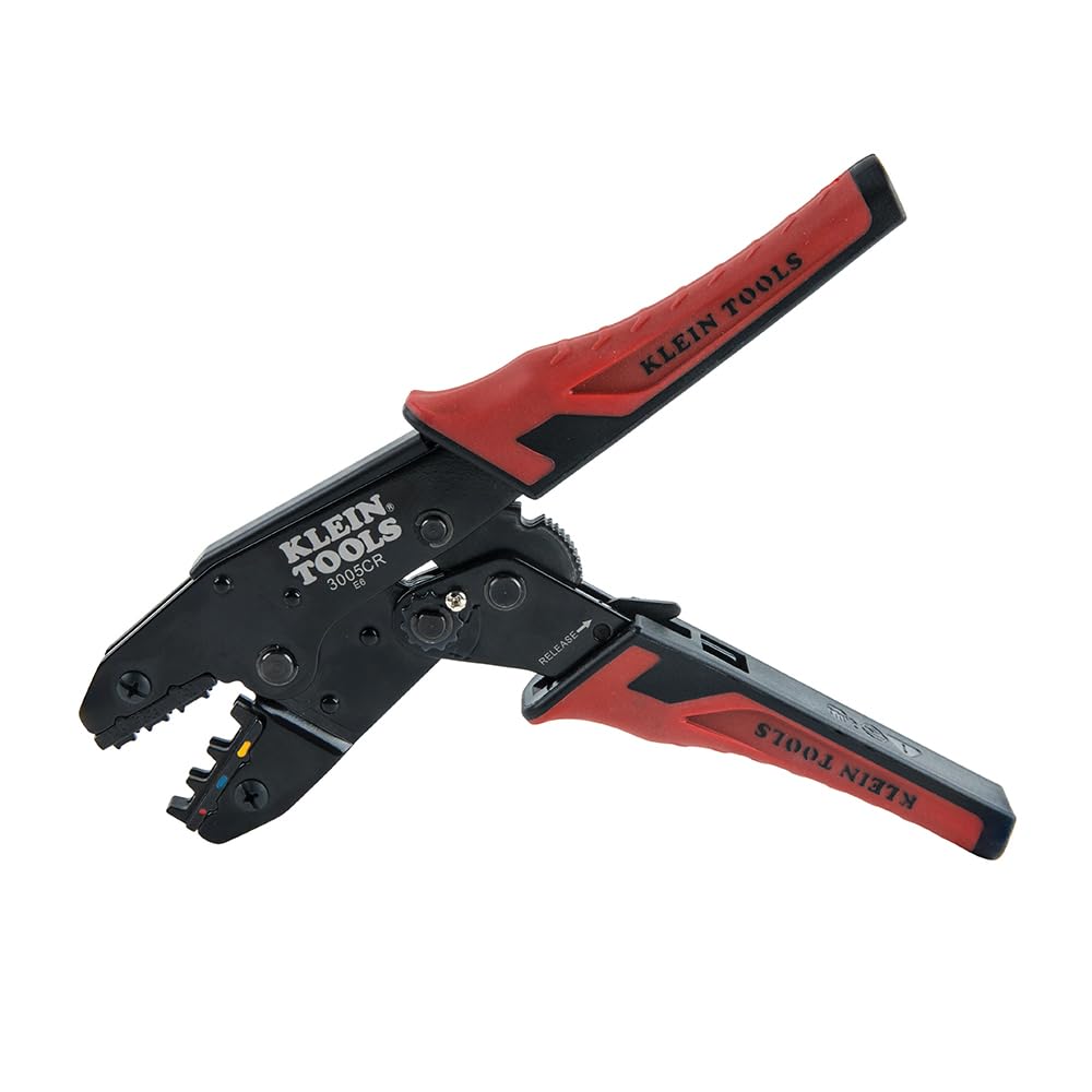 KLEIN TOOLS 3005CR | Pinza Ponchadora con Aislamiento | Ponchado Preciso y Seguro | Diseño Ergonómico y Ajustable | Ponchadora | Terminales eléctricas | 10-22 AWG | Tres Cavidades y Matraca Integrada