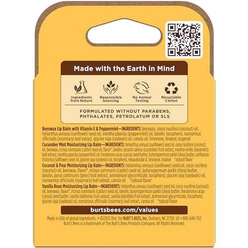 Burt's Bees - Bálsamo labial de cera de abejas, menta, pepino, coco y pera y vainilla, con cera de abejas de origen responsable, sin tinte, tratamiento labial de origen natural, 4 tubos, 0.25 onzas