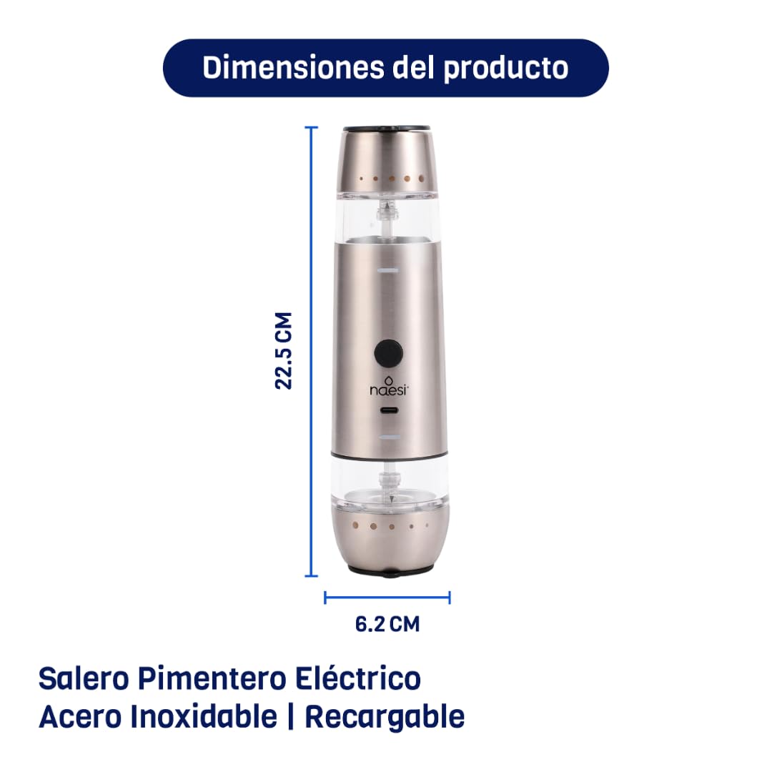 Salero Pimentero Eléctrico Naesi Vidrio y Acero Inoxidable Ajustable y Recargable para Especias, Sal y Pimienta