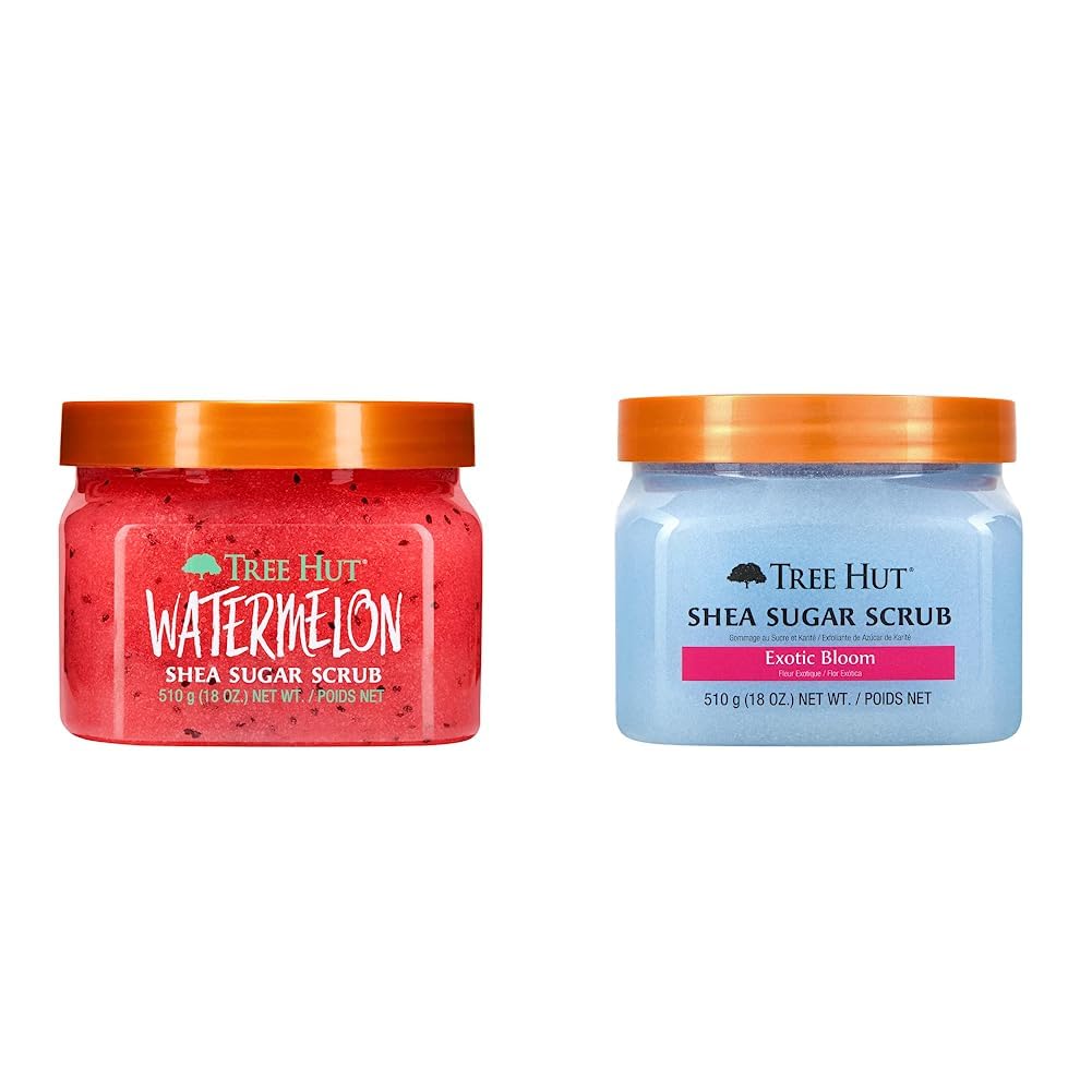 TREE HUT, Watermelon Shea Sugar Scrub, Exfoliante Corporal de Azúcar Natural con Manteca de Karité y Esencia de Sandía, 510 gramos + TREE HUT, Exotic Bloom Shea Sugar Scrub, 510 gramos
