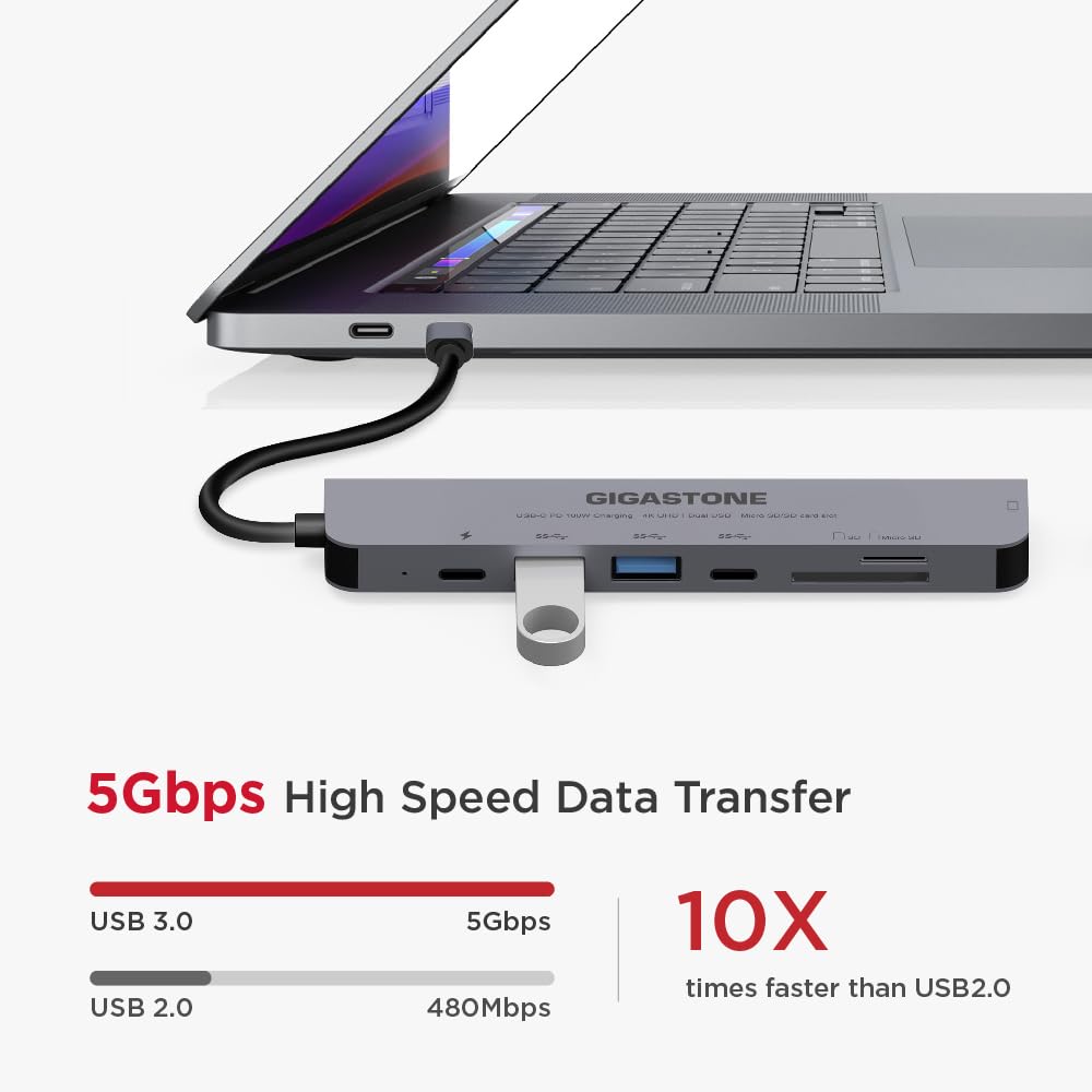 GIGASTONE Adaptador multipuerto 7 en 1 para iPad, MacBook Pro Air con divisor HDMI 4K, Thunderbolt PD 100W, lector SD/microSD, dongle para iPhone 15, Chromebook, Surface, Tab S9, Zenbook, XPS