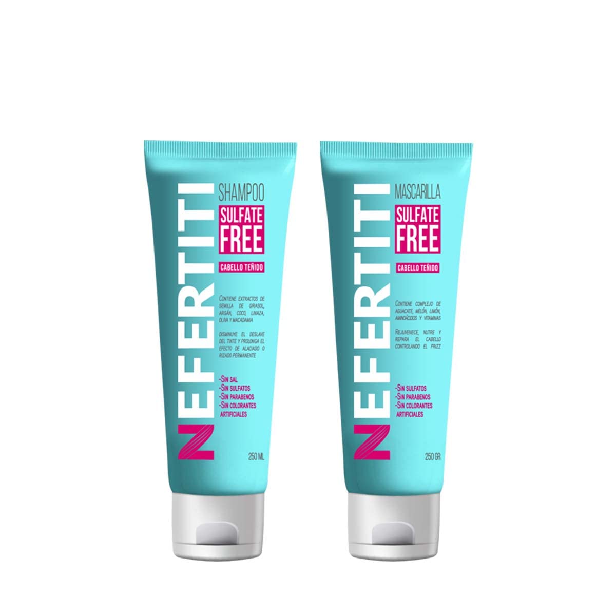 Kit Cabello Teñido Shampoo sin Parabenos + Mascarilla Sulfate Free de Nefertiti con Aceite de Argán, y Macadamia, Prolonga la Duración del Tinte, Alaciado y Permanente.
