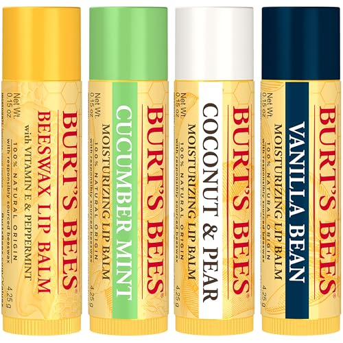 Burt's Bees - Bálsamo labial de cera de abejas, menta, pepino, coco y pera y vainilla, con cera de abejas de origen responsable, sin tinte, tratamiento labial de origen natural, 4 tubos, 0.25 onzas