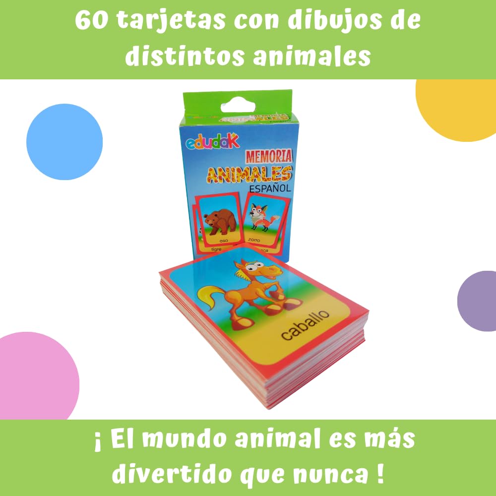 Edudak Juego de Memoria para Niños con Tematica de Animales. 60 Tarjetas. Juego de Mesa Infantil
