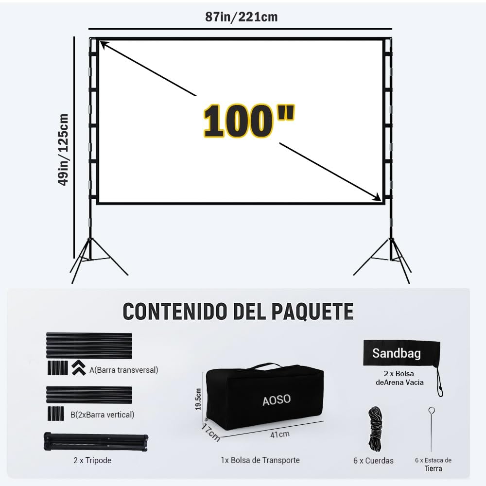 AOSO Pantalla para Proyector de 100 Pulgadas con Soporte, DiseñO PortáTil (TamañO 40x18x19cm), 16:9 4K HD Resistente a Las Arrugas Pantalla de Cine para La Noche de Cine y Fiesta (100 Pulgadas)
