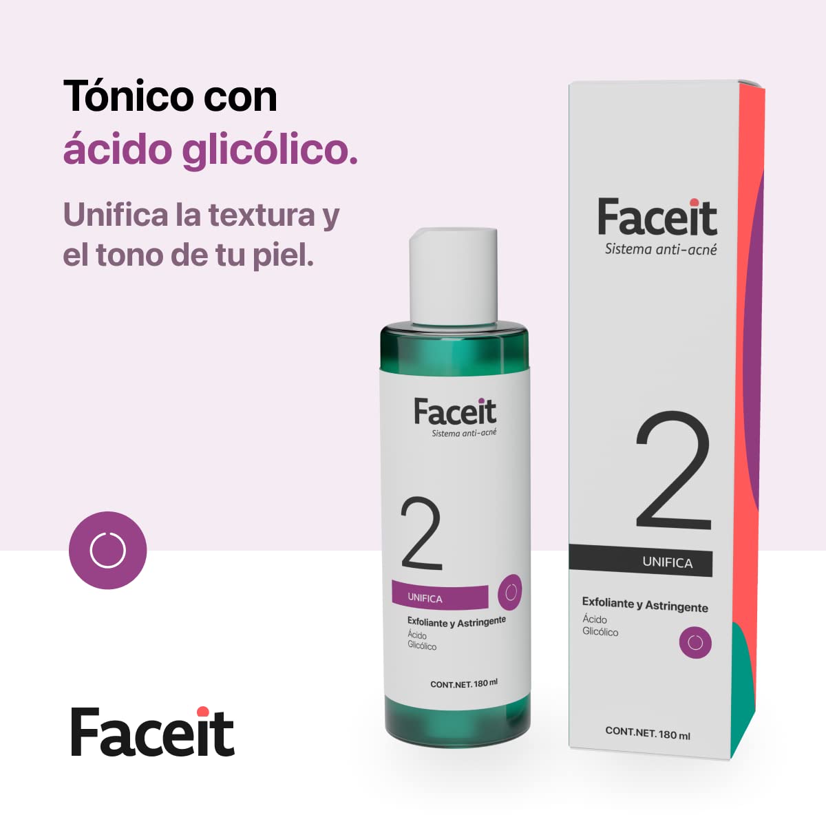 FACE.IT | Tónico Facial Ácido Glicólico, Aloe Vera I Tratamiento Anti Acné I Skin Care I Exfoliante Facial I Elimina las Impurezas | Unifica Textura de la Piel I PASO 2 Unifica I 180 ml