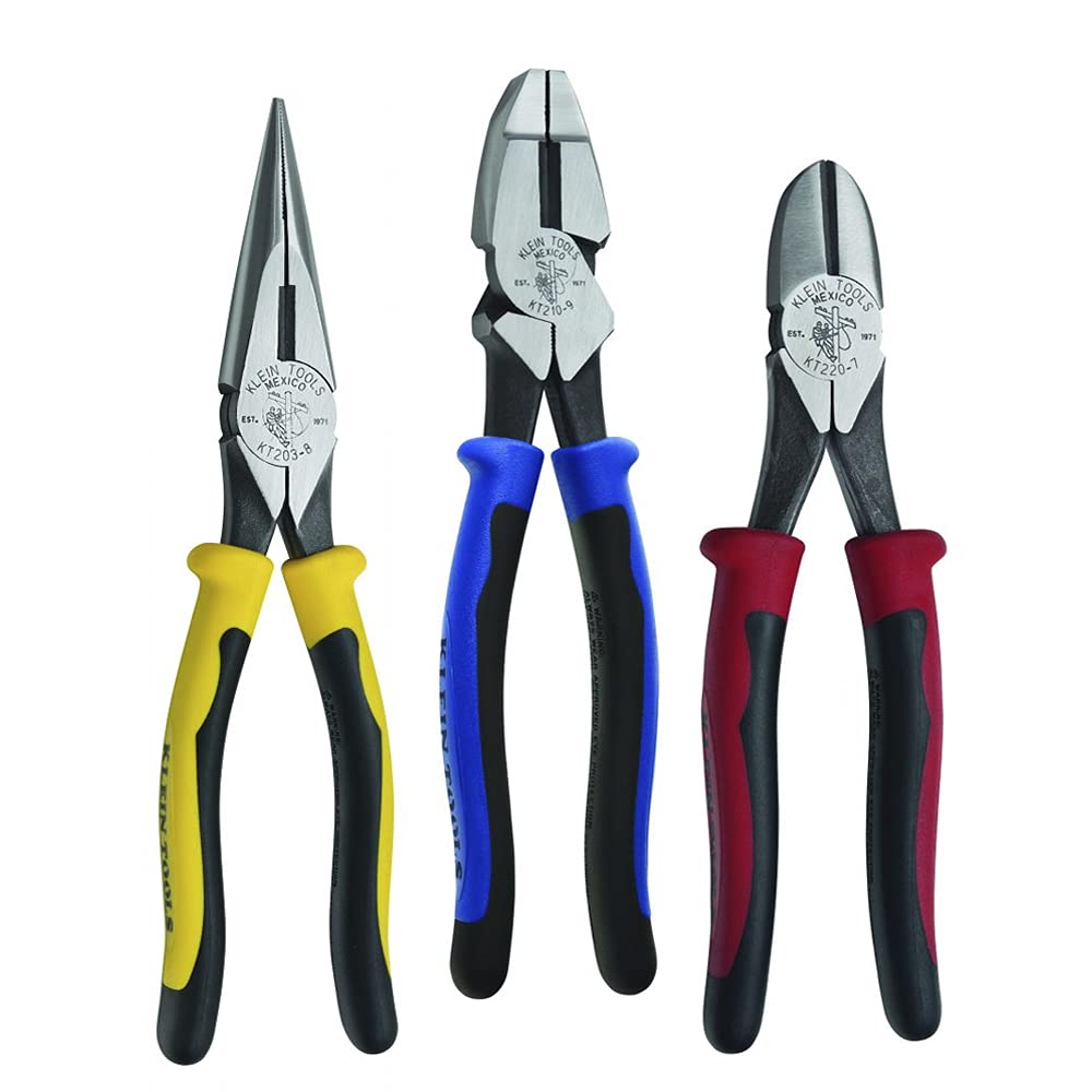 KLEIN TOOLS KTM0005 | Kit de pinzas para electricista de 3 piezas | Corta, sujeta y manipula cables con precisión | Diseño ergonómico y resistente | Pinzas de corte | Uso rudo y ergonómico