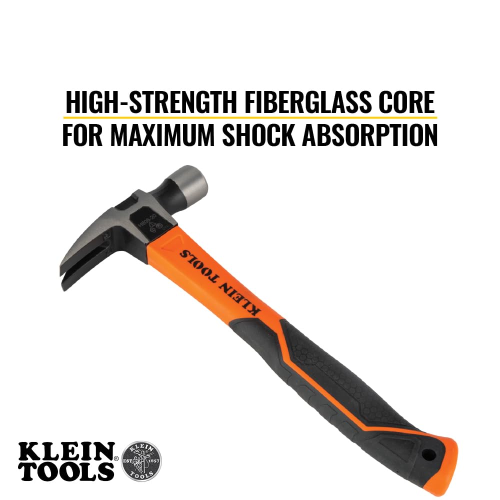 Klein Tools H80816 - Martillo de garra recta con cabeza lisa, 16 onzas, mango de agarre antideslizante de fibra de vidrio que absorbe los golpes con orificio de anclaje, 13 pulgadas