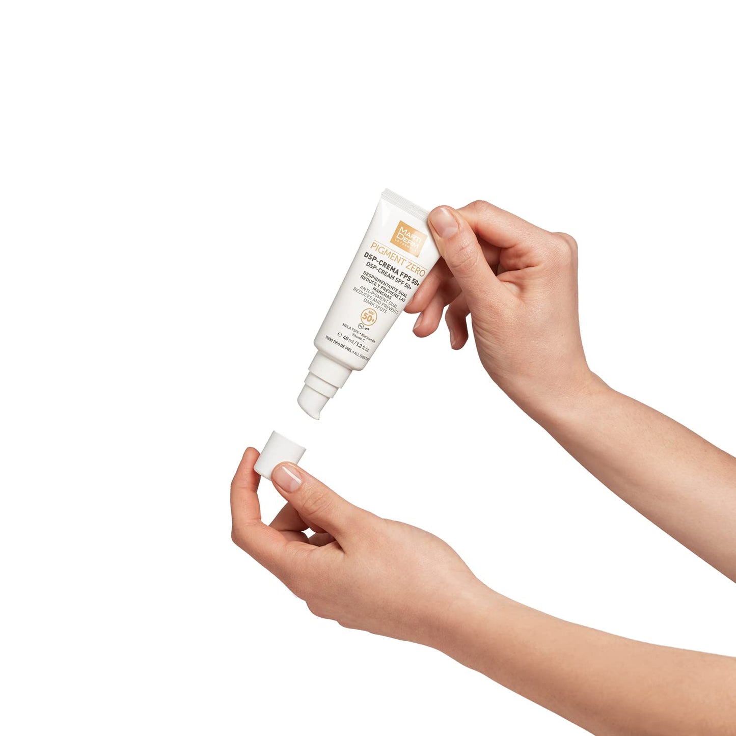 MartiDerm Pigment Zero DSP Crema Despigmentante con Protector Solar FPS 50+ Crema con color, elimina, previene, cubre y protege las manchas. Ácido tranexámico + Ácido ferúlico + Niacinamida + Vitamina C - 40 ml