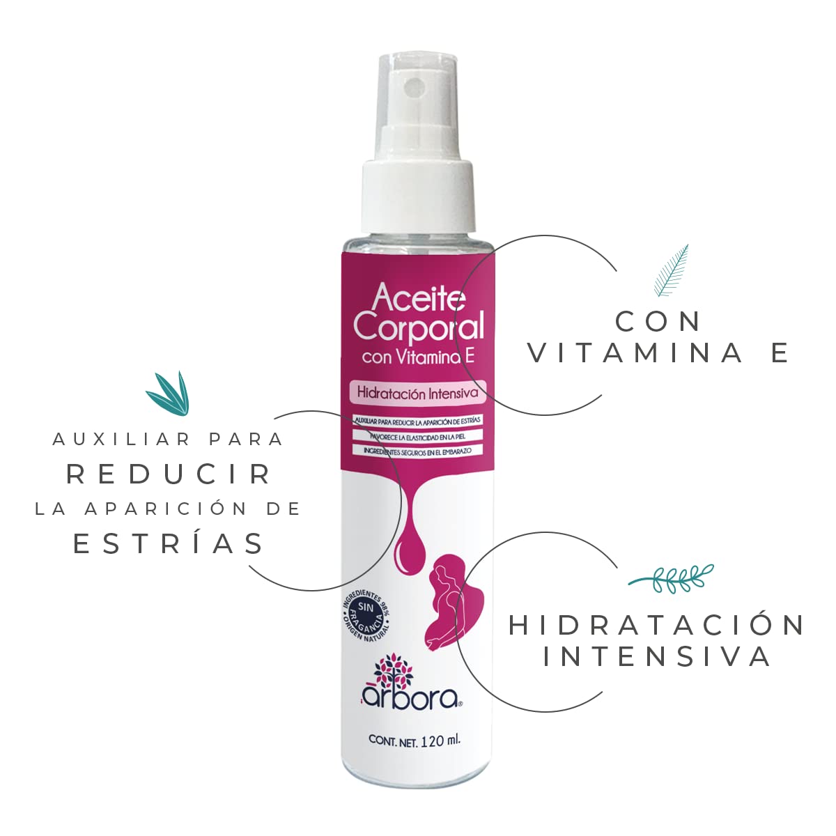 Árbora Aceite corporal para Estrías | Vitamina E + Aceite de Almendras, Aguacate, Coco y Oliva|HIDRATACIÓN INTENSIVA|Favorece ELASTICIDAD de la piel | Ingredientes seguros en embarazo | 120ml