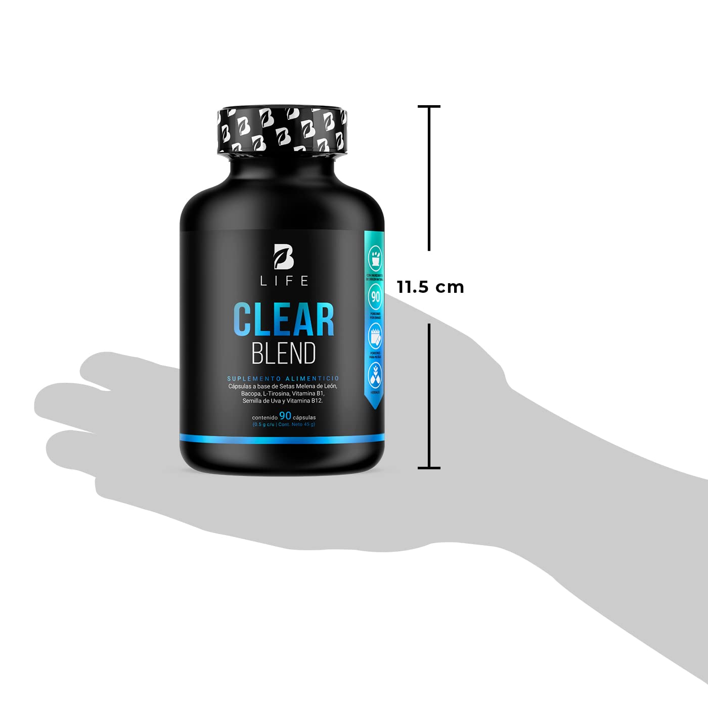 Clear Blend de 90 cápsulas. Ingredientes naturales: Hongo Melena de León, Bacopa, L-Tirosina, L-Teanina, Vitamina B1, Semilla de Uva Roja y Vitamina B12. Clear Blend B Life.