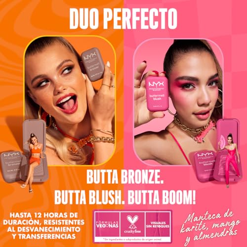 NYX Professional Makeup, Buttermelt Bronzer, Tono: Butta Off (café mocca). Bronceador cremoso en polvo infusionado con manteca de karité, mango y almendras, hasta 12hrs de uso, no se desvanece, resistente a transferencias. Fórmula vegana.
