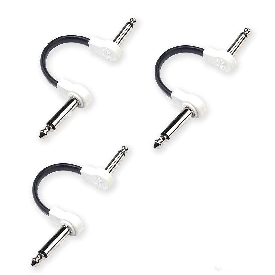 M MAKA Flat Low Profile Guitar Patch Cable 4 inch for Effects Pedals, 1/4 inch Right-Angle, White, 3-Pack