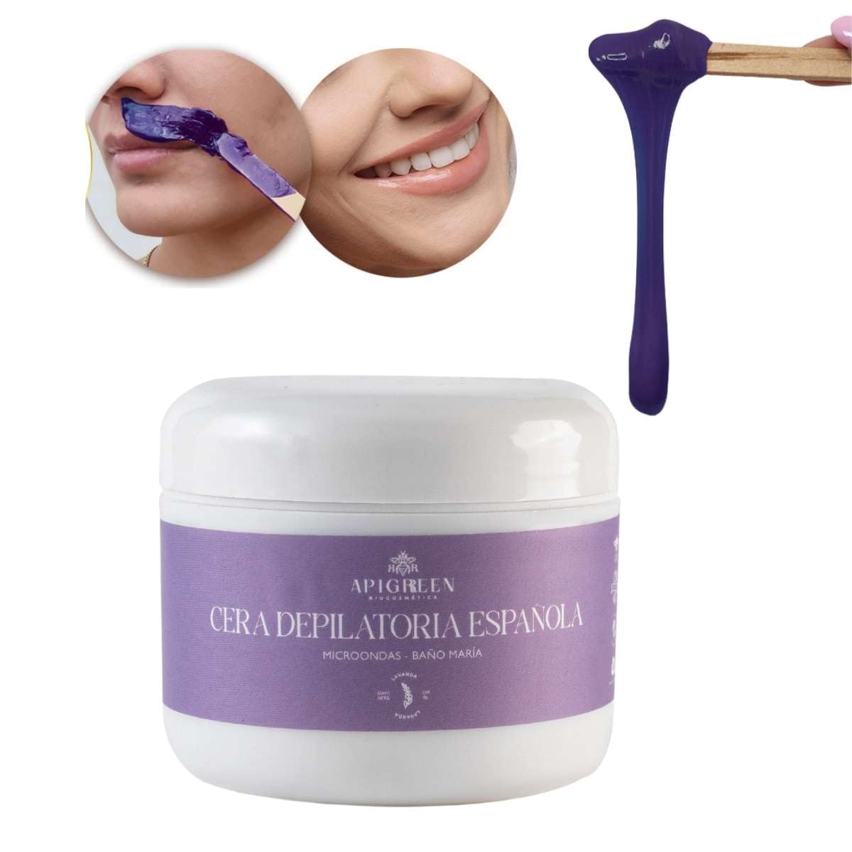 APIGREEN - CERA DEPILATORIA ESPAÑOLA PARA DEPILAR PIEL SENSIBLE | ROSTRO | BIKINI | BARBA | PIERNAS | 120G - LAVANDA | DEPILA SIN DOLOR | EFICAZ EN TODO TIPO DE VELLO