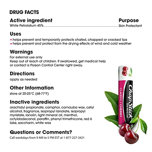 ChapStick Classic Lip Balm Skin Protectant Bulk, 12 Count, Cherry Flavor, 0.15 Ounce
