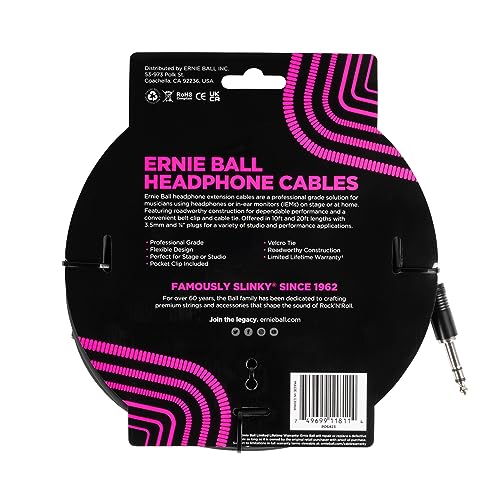 Ernie Ball Headphone Extension Cable 1/4 to 3.5mm 20ft - Black