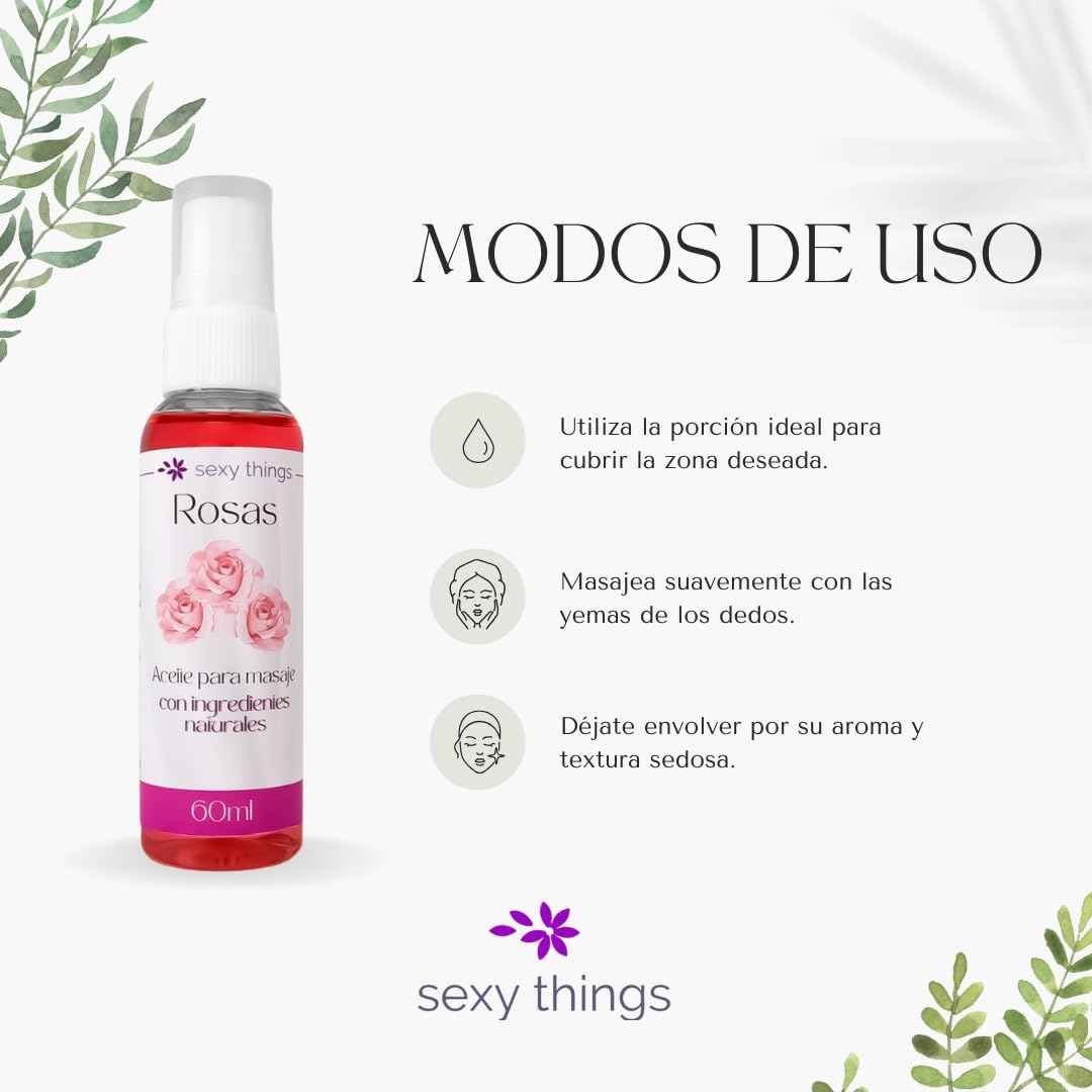 Aceite para Masaje Corporal Sexy Things Rosas con Ingredientes Naturales Ideal para Relajación en Pareja