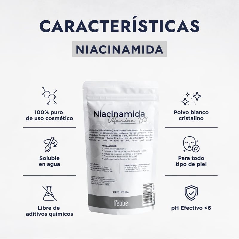 Hebbe - Niacinamida Pura para Rejuvenecimiento y Cuidado de la Piel, 1000 g
