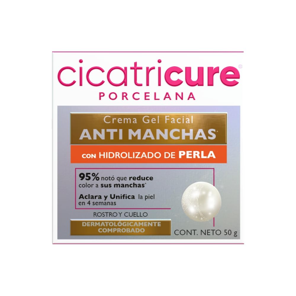 CICATRICURE - Porcelana Crema Gel Facial Anti-machas. Con Hidrolizado de perla, reduce manchas, aclara la piel y unifica el tono. Uso para rostro y cuello, presentación de 50g