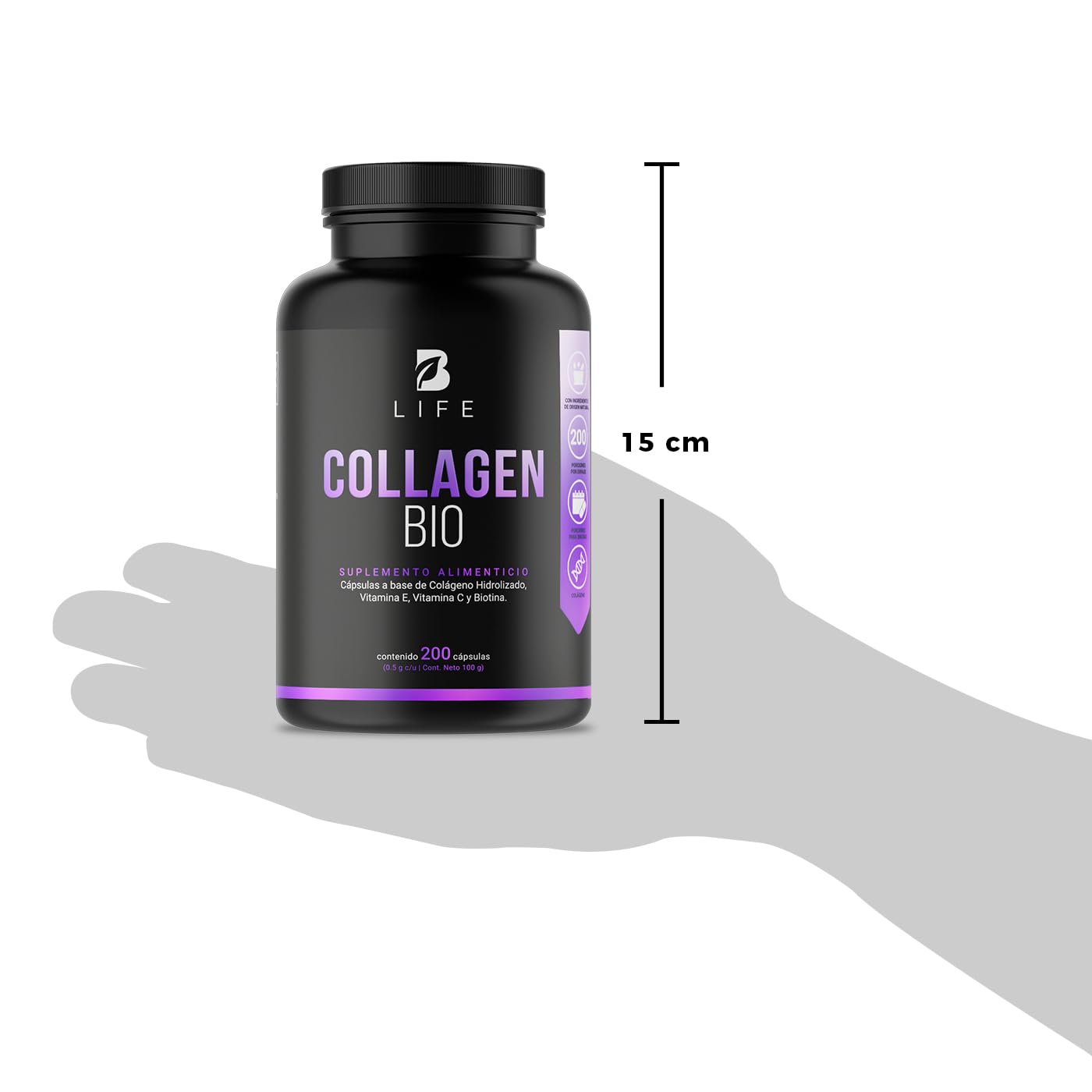Biotina de 200 Cápsulas. Ingredientes naturales: Colágeno, Vitamina E y Vitamina C. Collagen Bio B Life.