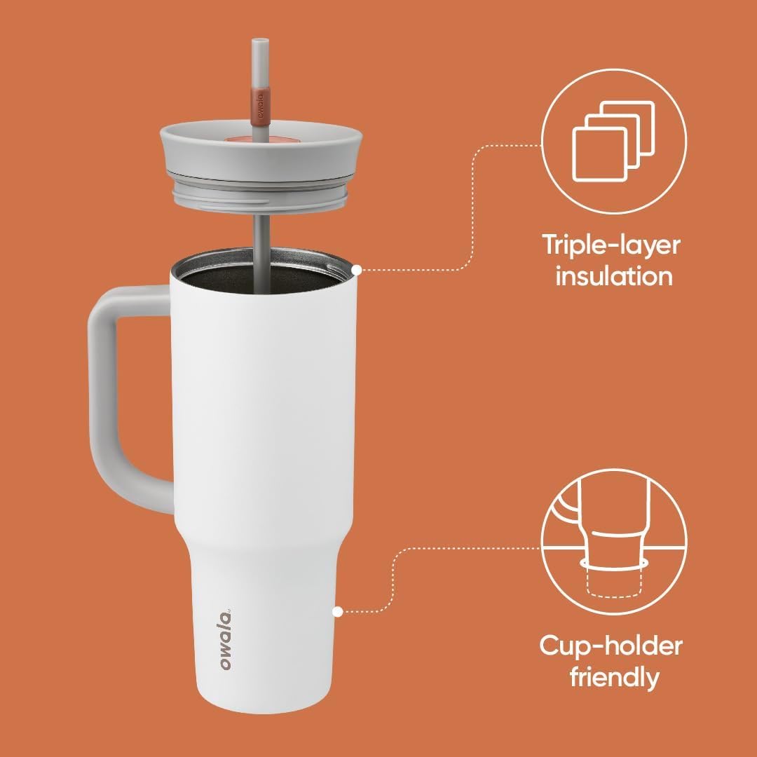 Vaso de Viaje Owala Blanca Triple Capa Aislada con Tapa Antiderrames y Popote