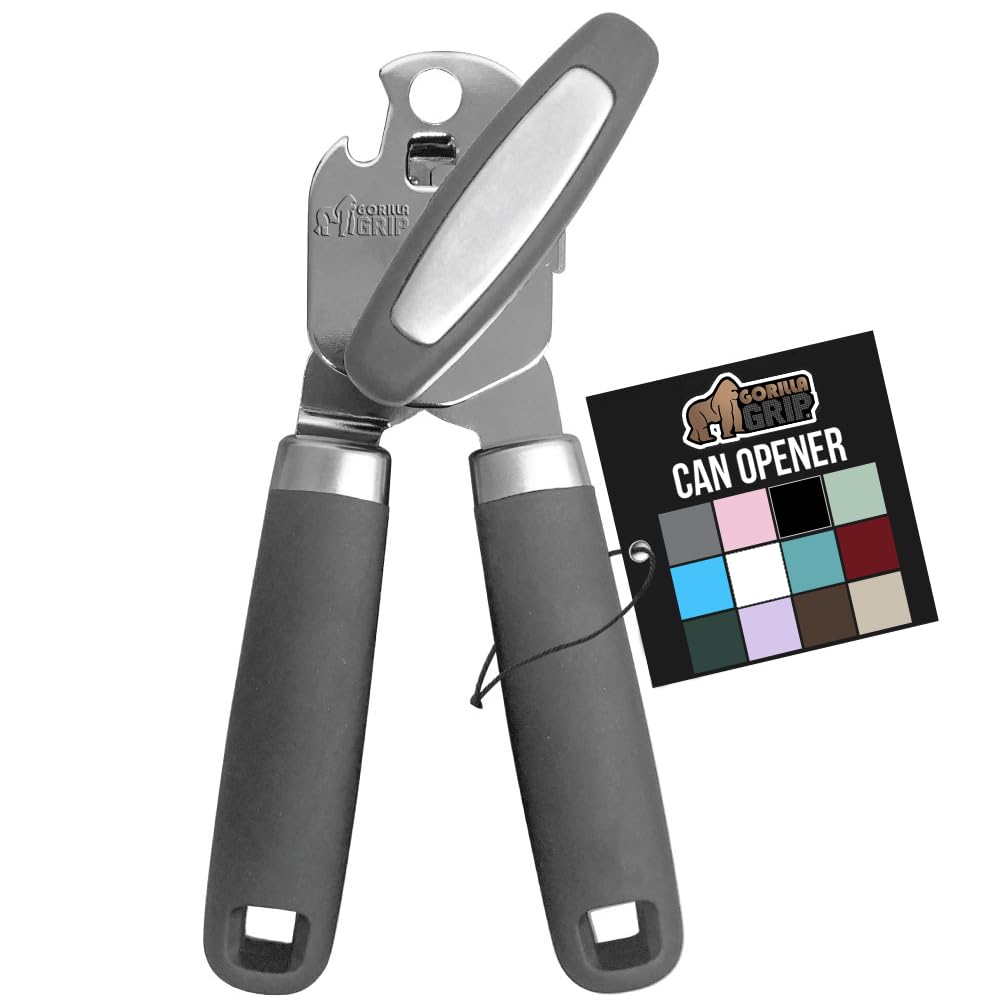 Gorilla Grip Abrelatas manual de mano de acero inoxidable resistente con borde liso con mango suave al tacto, a prueba de óxido, perilla de mano fácil giro, el mejor abridor de tapa grande para cocina, gris