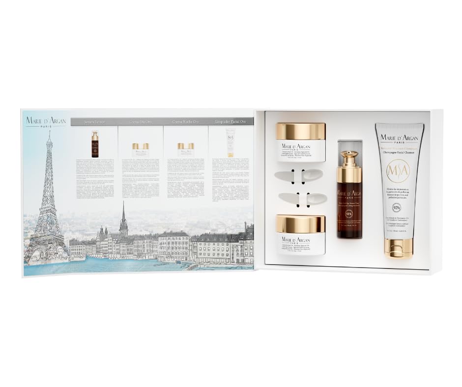 Marie d’Argan Paris Kit Facial Antiedad Skincare Edicion Especial– Crema Día y Noche con Oro, Sérum Tensor Antiedad, Limpiador Facial de Champagne | Paquete Completo de Cuidado, Hidratación y Rejuvenecimiento | Estuche Premium | COSMETIQUERA DE REGALO