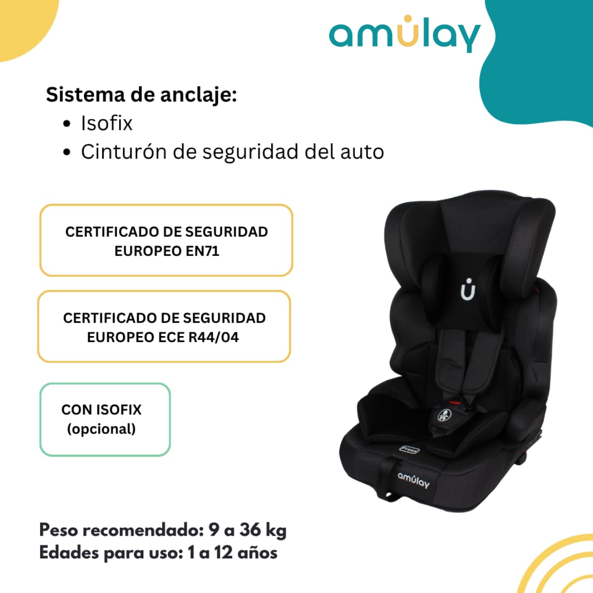 Amulay Autoasiento Booster ISOFIX Grupo 1-2-3, Convertible, Negro