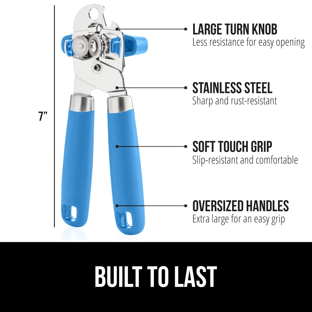 Gorilla Grip Abrelatas manual de mano de acero inoxidable resistente con borde liso con mango suave al tacto, a prueba de óxido, perilla de mano fácil giro, el mejor abridor de tapa grande para cocina, aguamarina