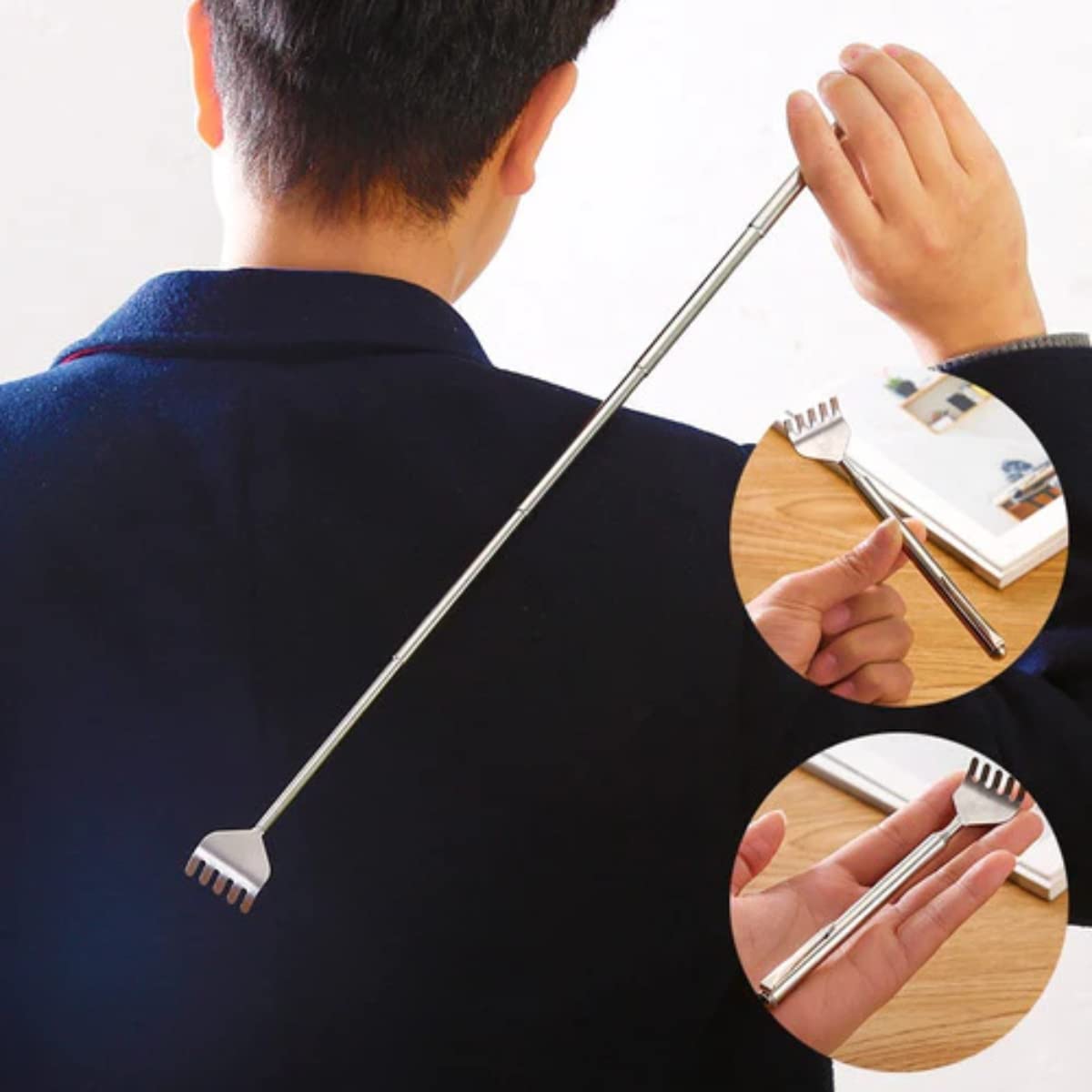 Manita Rascadora Extensible Mano De Metal Para Rascar 1pz Rascador de espalda de acero inoxidable con mango telescópico para guardarlo y llevarlo a todos lados. Manita para espalda.