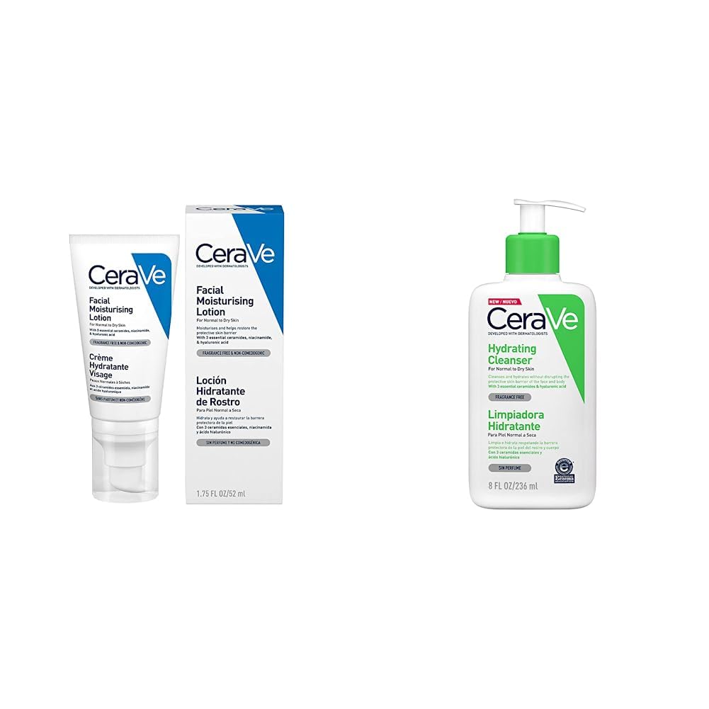 CeraVe Loción Hidratante de Rostro |52ml| Hidratante facial de noche con textura ultraligera | Libre de fragancia + Limpiadora Hidratante |237ml| Limpiador facial diario para piel seca