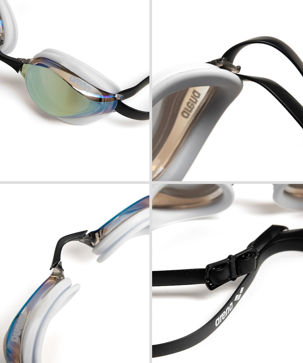 ARENA - anteojos de natación unisex para adultos, para hombres y mujeres, lentes de espejo antivaho, máxima comodidad, doble correa, dorado/blanco/negro
